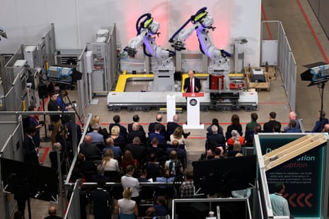 John Healey giving his speech at the Manufacturing Technology Centre in Coventry this morning.