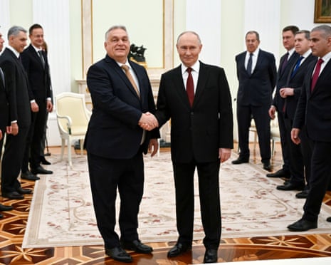 Russian president Vladimir Putin, right, and Hungarian prime minister Viktor Orbán shake hands during their meeting at the Senate Palace of the Kremlin in Moscow, Russia.