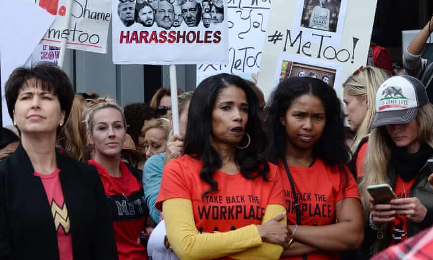 Demonstrators participate in the #MeToo Survivors’ March in Los Angeles. The protest was organized by Tarana Burke, who created the viral hashtag #MeToo.