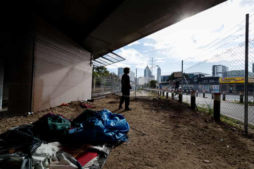 A camper at the tent city under the Lord Street bridge in Perth.