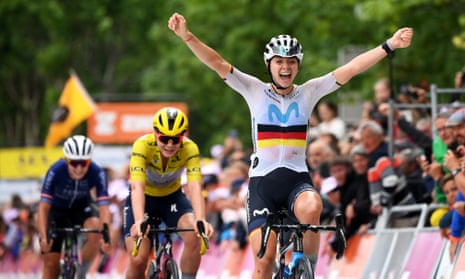 Germany’s Liane Lippert celebrates winning stage two of the Tour de France Femmes in Mauriac
