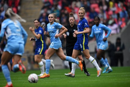 Georgia Stanway of Manchester City and Sophie Ingle of Chelsea in action.