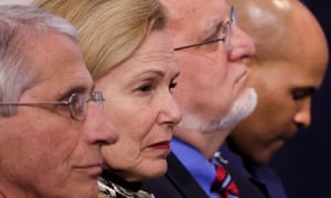 White House coronavirus task force members, including Dr. Anthony Fauci of the National Institutes of Health, White House coronavirus coordinator Dr. Deborah Birx, Centers for Disease Control (CDC) Director Robert Redfield and U.S. Surgeon General Jerome Adams listen to President Donald Trump during the daily coronavirus disease (COVID-19) briefing at the White House in Washington, US, on 22 April 2020.