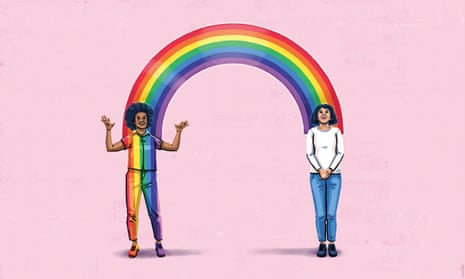 Illustration of two women, and a rainbow linking them