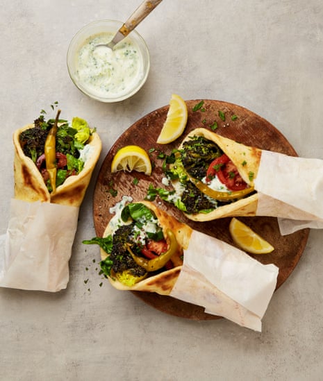 Roll up: Georgina Hayden's roast purple sprouting broccoli gyro with tzatziki.