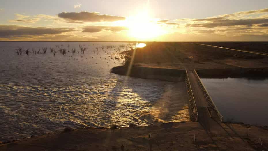 Water pours into Menindee Lake from the open weir.
