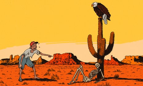 沙漠中,身穿破爛衣服、頭戴 Maga 帽的人指著骷髏大笑的插圖