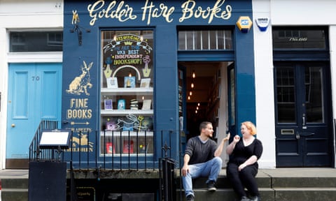 David Bloomfield and Julie Danskin outside their shop, Golden Hare Books, in Edinburgh 