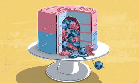 An illustration of a cake, half pink and half blue, with a slice out of it and pink and blue toys falling out of it