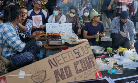 A food stop for peaceful protesters in Yangon on Wednesday.
