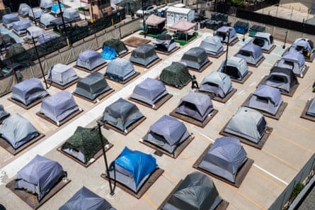 A drone’s view of a homeless camp in Los Angeles.