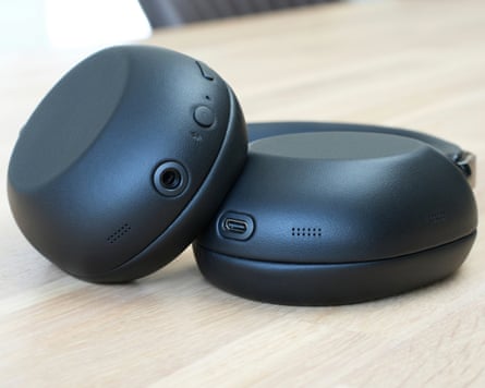 The buttons and ports of the Sony WH-1000XX The Collexion headphones.