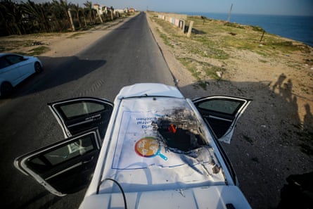 A destroyed car from the World Central Kitchen convoy in the southern Gaza Strip