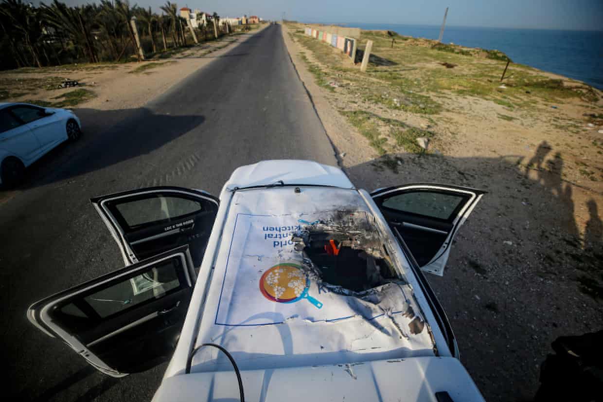 A destroyed car from the World Central Kitchen convoy in the southern Gaza Strip