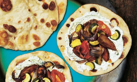Photograph of Lavash flatbreads with mint yoghurt and vegetables