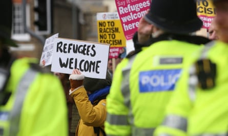 Pro-refugee supporters in Dover on Saturday, during an anti-migrant demonstration in the town.
