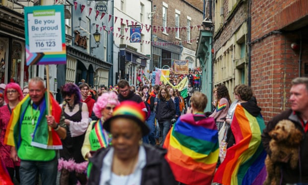 People take to the streets for Durham Pride Festival parade on May 29, 2022 in Durham, England.