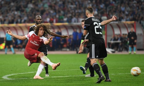 Matteo Guendouzi fires in Arsenal’s third, his first senior goal for the Gunners.