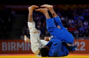 Canada’s Shady Elnahas takes on Fiji’s Tevita Takayawa in the men’s 100 kg judo quarter-final.