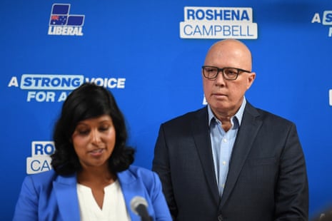 Liberal candidate for Aston Roshena Campbell (left) with federal opposition leader Peter Dutton during a Liberal party byelection function in Melbourne on Saturday.