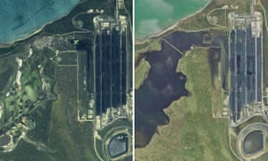 Satellite imagery released by the Queensland government showing the Caley Valley wetlands, which adjoin Adani’s Abbot Point coal terminal, before and after the floodwater release