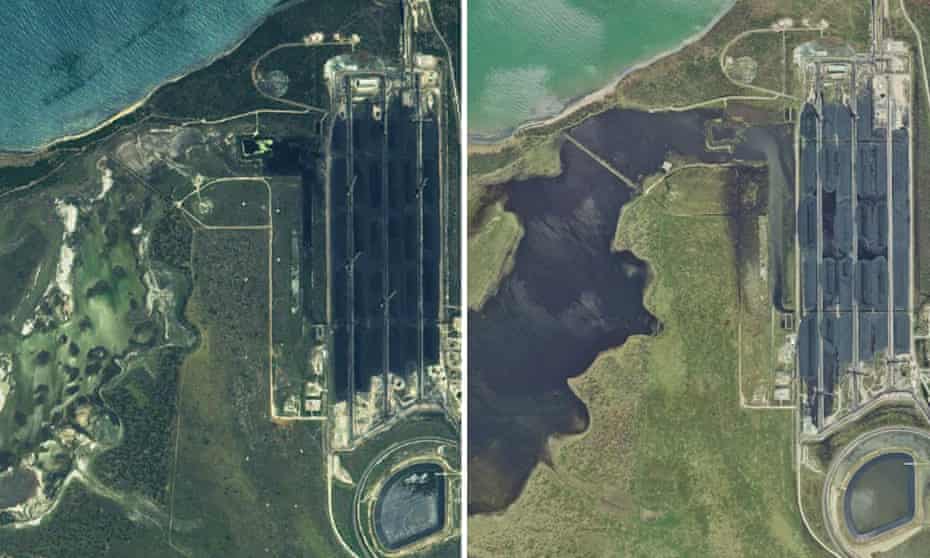 Satellite imagery released by the Queensland government shows serious harm has occurred the the Caley Valley wetlands which adjoin Adani’s Abbot Point coal terminal in the aftermath of Cyclone Debbie in 2017. (Left) 14 May 2016 (Right) 1 April 2017.
