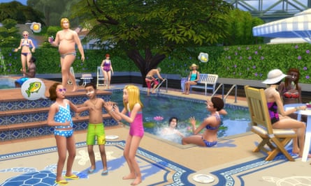 Video game characters at a pool party in The Sims 4