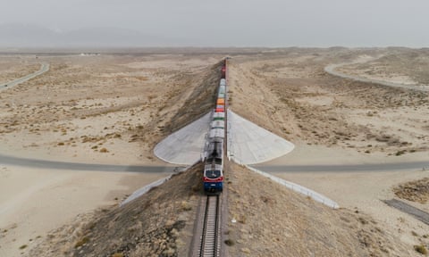 A freight train leaves Khorgos, on the border of China and Kazakhstan, October 2017.