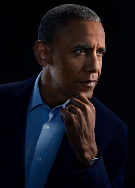 Head shot of Barack Obama against black background
