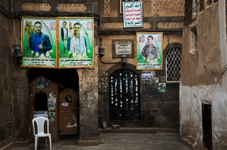 Portraits of Houthi ‘martyrs’ seen on the walls of a mosque in the old city of Sana’a on 12 September 2019.
