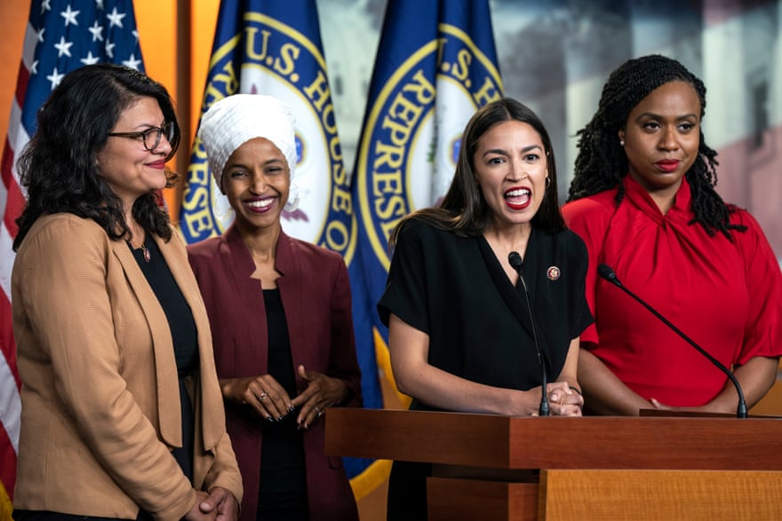 Congresswomen Rashida Tlaib, Ilhan Omar, Alexandria Ocasio-Cortez, and Ayanna Pressley speak last month about Donald Trump’s Twitter attacks on them