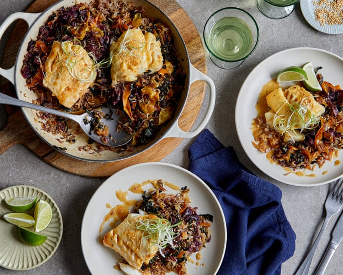 Miso butter baked cod with gingery cavolo nero and rainbow carrot rice recipe