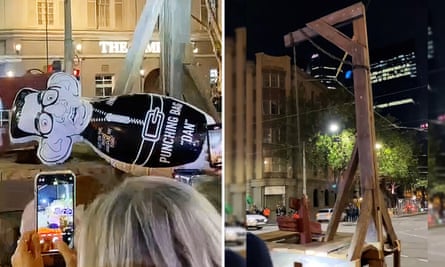 Images from a Melbourne anti-lockdown protest which depict premier Dan Andrews as a punching bag with an assembled gallows