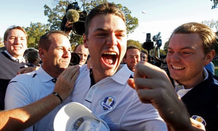 Martin Kaymer celebrates winning his match to retain the Ryder Cup for Europe in the ‘miracle of Medinah’ in 2012