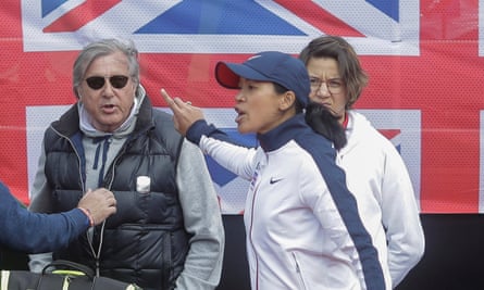 Great Britain’s head coach, Anne Keothavong, gestures towards Romania’s Ilie Nastase during the FedCup match in Constanta in April 2017