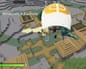 A blocky Minecraft character glides with a large orange and white Fortnite-style glider over terrain