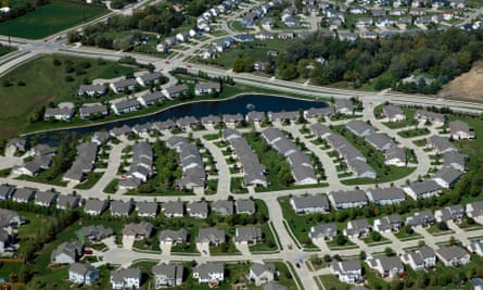 An aerial photograph of a residential development in Des Moines, Iowa. The US military is launching unmanned surveillance balloons over portions of the midwest.