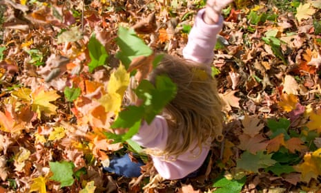 Girl playing in autumn leaves