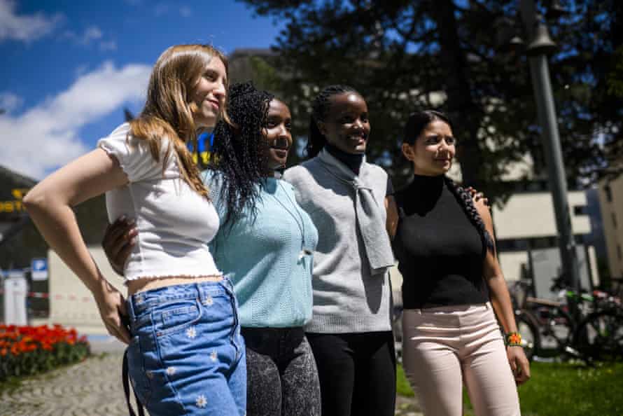 Climate activists Alexandria Villasenor of the United States, Elizabeth Wathuti of Kenia, Vanessa Nakate of Uganda and Helena Gualinga of Ecuador take part in the protest.