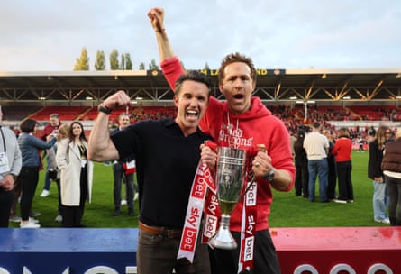 Wrexham owners Rob McElhenney and Ryan Reynolds after the team’s promotion to the Championship