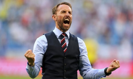 Gareth Southgate celebrating an England goal during the team’s World Cup quarter-final match with Sweden. 