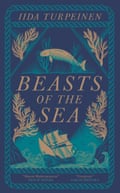 Beasts of the Sea book cover – a woodcut showing a large sirenian amid seaweed and three-masted ship in a storm within a rope border