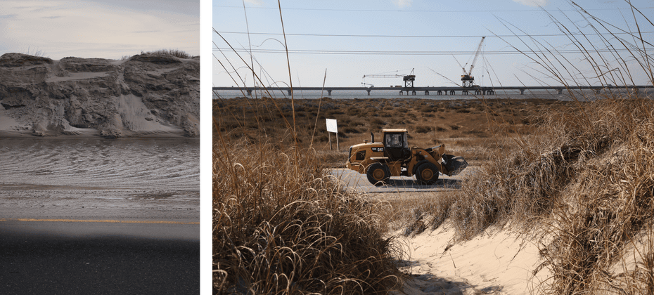 Left: sand dunes tumbling into the road. Right: a tractor seen through sand dunes on the road.