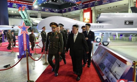 Kim Jong-un shows visiting Russian defence minister Sergei Shoigu a range of drones and missiles in Pyongyang, North Korea, on Thursday.