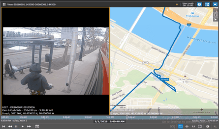 Screengrab has two images, one an overhead shot on someone sitting at a bus stop as another person walks by, and the other a Google-type map of an area of a city next to a river.