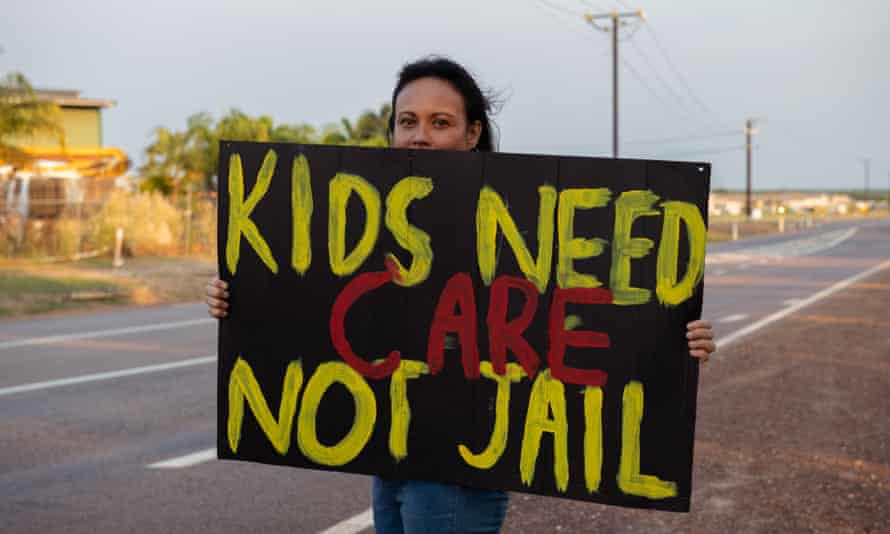 Leela Galvez is one of the Don Dale protesters. She holds a sign that reads ‘Kids need care not jail’