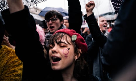 A woman seen shouting slogans during a women’s march