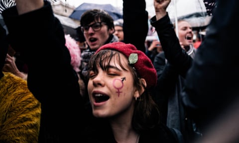  A woman protests during the London Women’s March for gender equality, January 2018.
