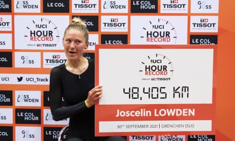Joss Lowden celebrates after setting a new hour record