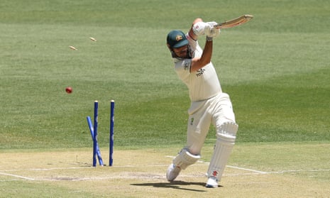 Mitchell Marsh is bowled by Aamer Jamal first ball after lunch for 90 on Day 2.